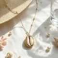 Detailed view of the summer beach vacation gold seashell pendant necklace for women stylish. - Dark Conch Pendant (WXL1156) / Dark Coffee