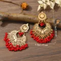Vintage ethnic gold-tone metal hollow red beaded chandelier earrings for women fashion - Red And Gold