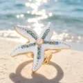 Elegant starfish ring with blue crystals and pearl, perfect beach holiday jewelry accessory. - White Pearl with Imitation Gold (WR1143)