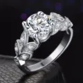 Exquisito anillo de plata con diseño de hojas y brillante circonita cúbica central. - 17# / M200 / Blanco/Tono Plateado