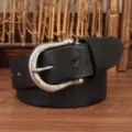 Cintura da uomo in vera pelle con motivo floreale retro e fibbia metallica robusta. - Nero / 105cm