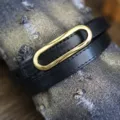 Women genuine leather thin black belt minimalist fashion gold oval buckle waist dress strap - Black