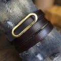 Minimalist women genuine leather wrap bracelet thin belt with polished gold oval metal buckle - Coffee