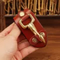Durable brown leather belt key holder with solid brass hook and rivets for secure daily use. - Khaki
