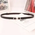 Cintura fina de cuero para mujer con hebilla de doble anillo metálico accesorio elegante - Café con hebilla plateada