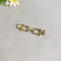 Detailed view of gold metal double buckle accessory, premium hardware for apparel and belts. - Gold