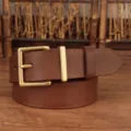 Close-up of brown genuine leather belt with a classic gold square buckle. - Khaki / 100cm