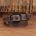 Detail of a brown leather belt featuring colorful embroidered flower patterns and black buckle - Coffee / 100cm