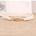 Detailansicht des schmalen weißen Damen-Taillengürtels mit elegantem goldfarbenem Metallverschluss. - Weiß