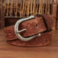 Cintura vera pelle intagliata vintage uomo, spessa cintura pelle bovina con fibbia metallo - Kaki / 105cm
