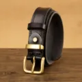 Cintura in pelle nera classica con fibbia ad ardiglione in ottone vintage, cintura in pelle casual. - Nero / 100cm
