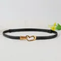 Women genuine leather thin belt with vintage gold heart buckle, stylish waist accessory. - Black