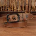 Vintage brown leather belt for women with flower embroidery and black buckle - Khaki / 100cm