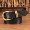 Vintage women genuine leather belt with pin buckle and embossed nautical pattern casual style - Black / 95cm