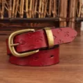 Vintage red leather belt for women with embossed nautical pattern and brass buckle. - Red / 95cm