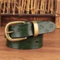 Cinturón de cuero verde oscuro vintage para mujer con hebilla de latón y motivos náuticos en relieve. - Verde Oscuro