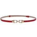 Red patent leather thin belt for women, elegant gold buckle waist accessory for dress. - Red