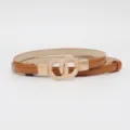 Brown patent leather thin belt for women, stylish double ring buckle waist accessory. - Camel