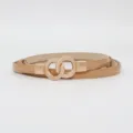 Women's patent leather thin belt with metal double ring buckle, chic accessory for dresses. - Apricot