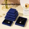 Premium thin plaid pattern gentleman blue jewelry gift box set for necklace and rings - 5*5*1.5CM / Plaid Texture Gentleman Blue