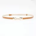 Caramel thin patent leather women waist belt with gold interlocking metal buckle for dress. - Camel