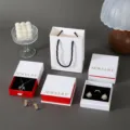 Elegant white jewelry gift boxes with red accents and embossed rose design for rings and necklaces - Lid and Base Box / 10*10*4cm / Tree Fiber Pattern White