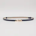 Navy blue thin patent leather belt with gold metal buckle, stylish accessory for dress. - Blue