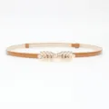 Women thin brown waist belt with elegant gold leaf metal buckle for dresses and shirts. - Camel