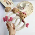 Soft plush white headband with teddy bear decoration and random color pink bows - Small Bear White