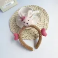 Cute plush pink rabbit face wash headband with soft brown fuzzy band and heart accents - Brown Rabbit Shape