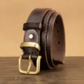 Cintura in vera pelle marrone scuro da uomo e donna con fibbia ad ardiglione in ottone vintage - Caffè / 100cm