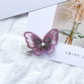 Sweet purple embroidered mesh butterfly hair clip with center pearl for girls and women - Light Purple