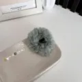 Elegant gray-green fuzzy plush hair scrunchie accessory for high ponytail hairstyles - Grey Green