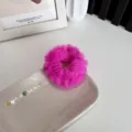 Bright pink fuzzy plush hair scrunchie soft faux fur elastic hair tie accessories - Rose Red