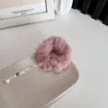Soft plush pink fuzzy hair scrunchie hair tie for autumn and winter hairstyles - Lotus root pink