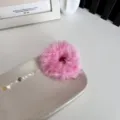 Soft pink fluffy plush hair scrunchie for winter high ponytail styling accessory - Peach Pink