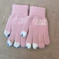 Women winter warm pink knitted touchscreen gloves cute cat paw design with cute girl text - Pink