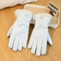 Women's cute winter warm gloves with bunny ears and bow design, windproof touch screen plush cuffs. - One Size / AJ Bow Double-Layer Ski / Light Blue