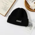 Black ribbed knit beanie for women, autumn and winter thick warm wool hat with stylish embroidery. - One Size / Black