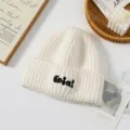 White knit beanie with cute black embroidery, thick warm winter hat for women and girls. - One Size / White