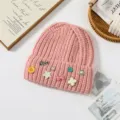 Pink knitted beanie hat for women, thick warm winter slouchy cap with cute decorative pins. - One Size / Pink