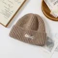Cozy brown knit beanie for women, thick warm winter hat with cute white embroidered letters. - One Size / Dark Khaki