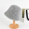Grey faux fur bucket hat for women winter warm plush fisherman cap stylish solid color. - One Size / Gray