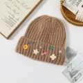 Cute knitted beanie for women, cozy winter warm hat with sweet decorative pins and buttons. - One Size / Khaki