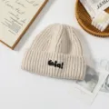 Beige knit beanie hat for women, cute embroidered letter winter warm thick wool cap. - One Size / Off White