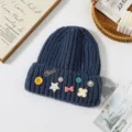 Korean style cute knit beanie for women, warm thick winter hat with lovely brooch decorations. - One Size / Navy Blue