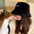 Women winter warm plush bucket hat thick fuzzy faux mink fisherman cap black casual stylish - 8070 Black