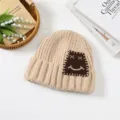 Korean style thick knit beanie hat for women, casual warm smiley patch winter cap. - One Size / Off White