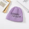 Purple knitted beanie hat with black embroidered letters, cozy autumn winter warm cap. - Purple