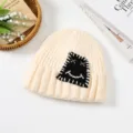 Winter warm thick knitted beanie hat for women, cute patch design, cozy casual winter style. - One Size / White